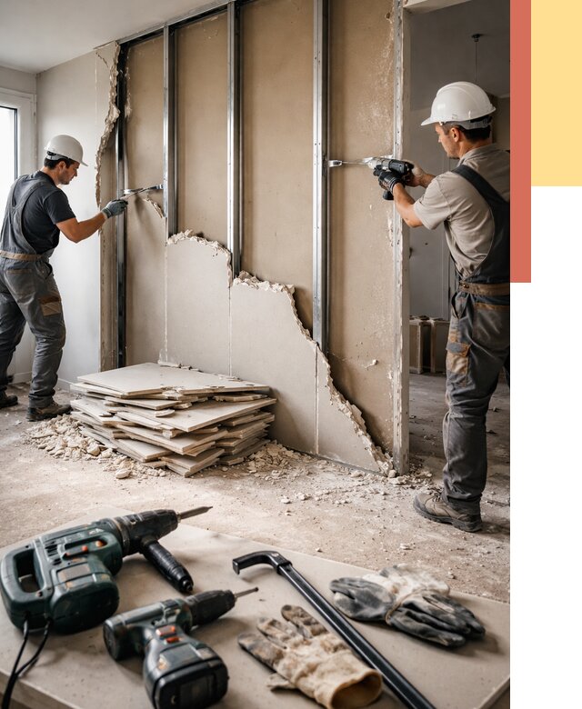 Демонтаж перегородки из гипсокартона в Кирово-чепецке от 1305 руб. быстро и недорого | ОТДЕЛОЧНИК-Крв