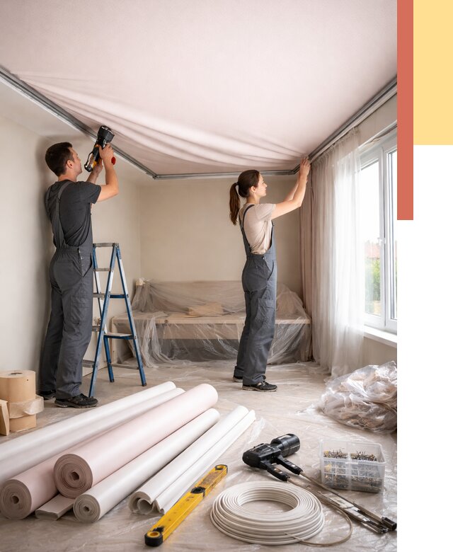 Монтаж цветного натяжного потолка в Кирово-чепецке от 4567 руб/м² — быстро и недорого | ОТДЕЛОЧНИК-Крв