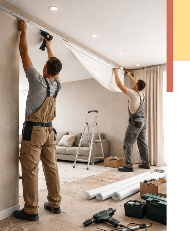 Монтаж натяжного потолка в гостиной в Кирово-чепецке от 598 руб. | ОТДЕЛОЧНИК-Крв